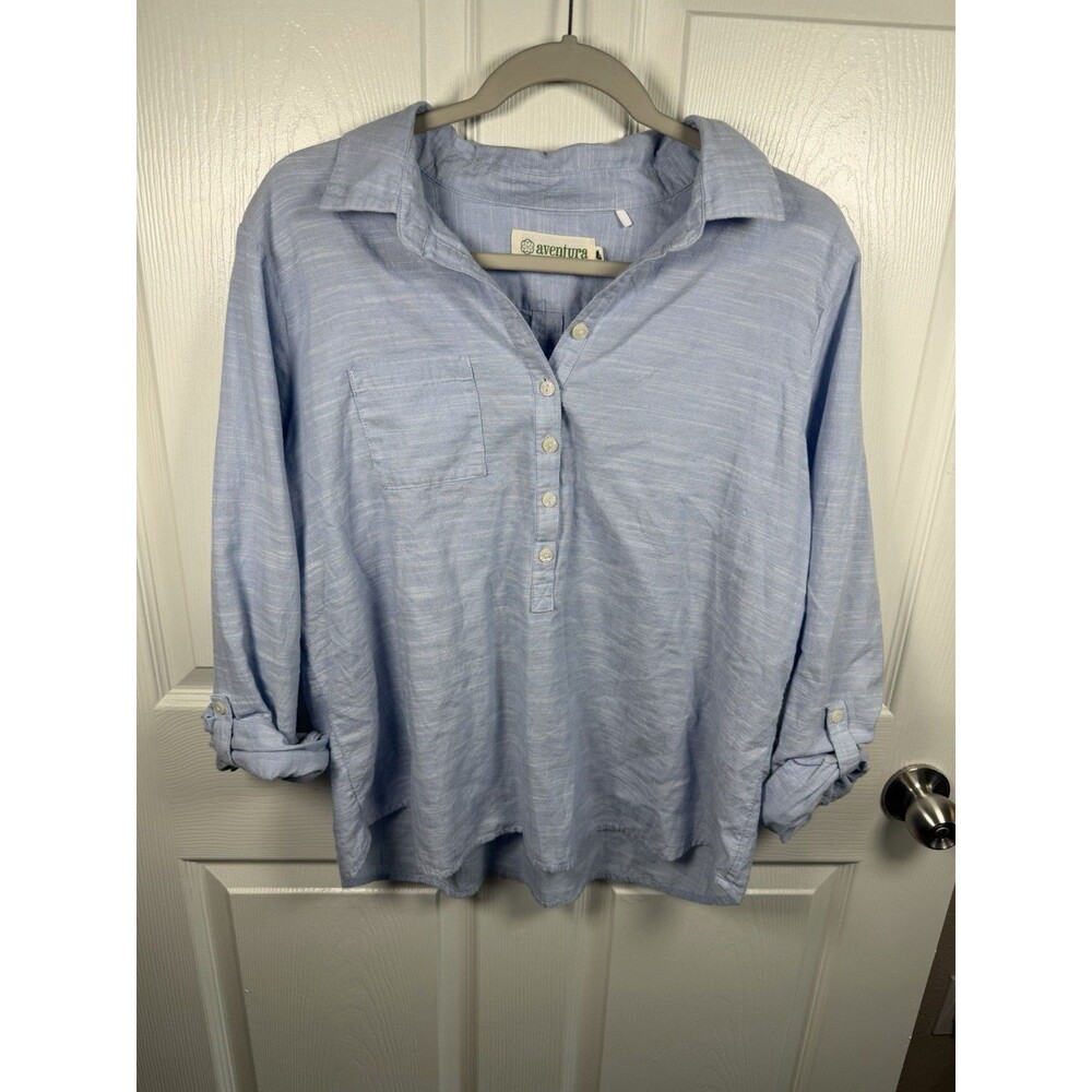 Aventura Shirt Women Large Blue Organic Cotton Button Up Long Sleeve Sustainable